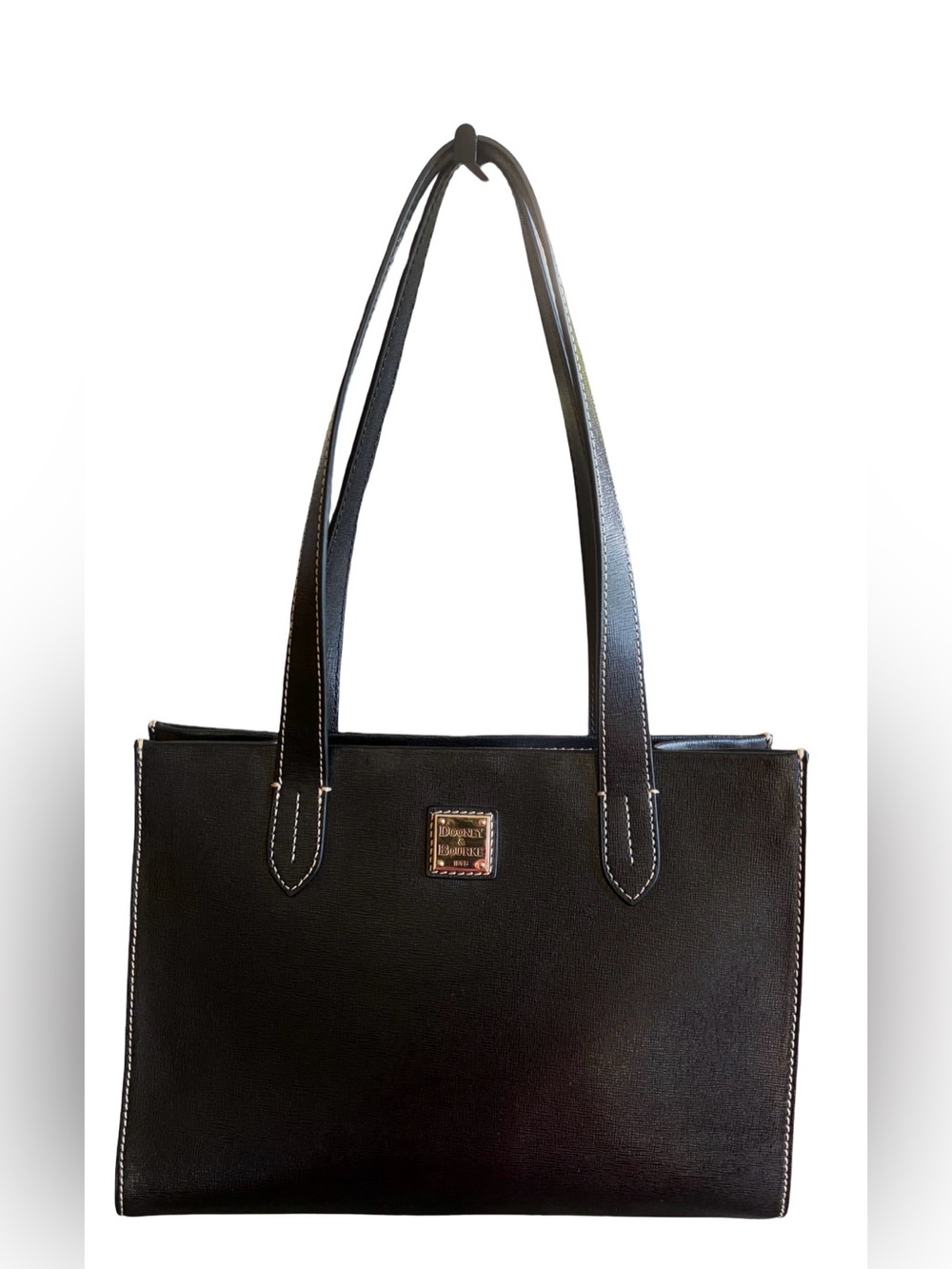 Dooney & Bourke Black Saffiano Leather Shopper Tote Bag | Gold Logo Badge - Picture 3 of 15